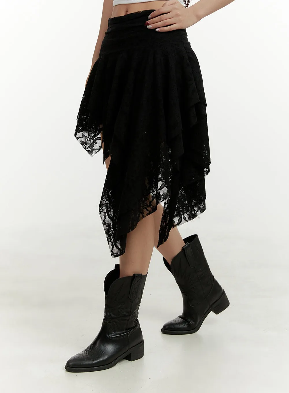 Lace Ruffle Asymmetrical Mini Skirt CY408