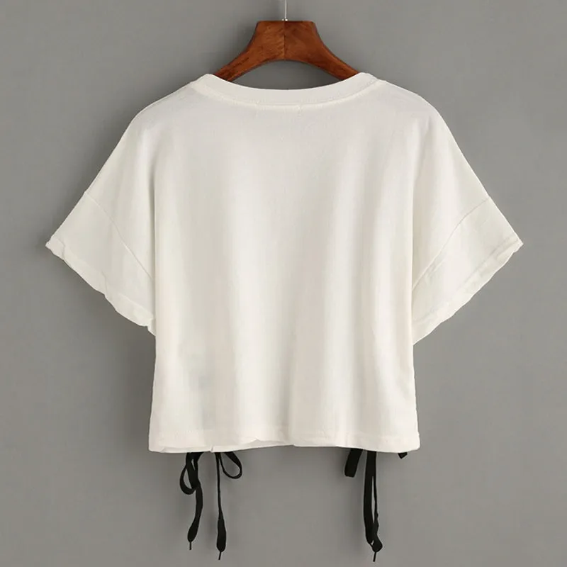 Laced Up Crop Top No Hard Feelings Printed Shirt