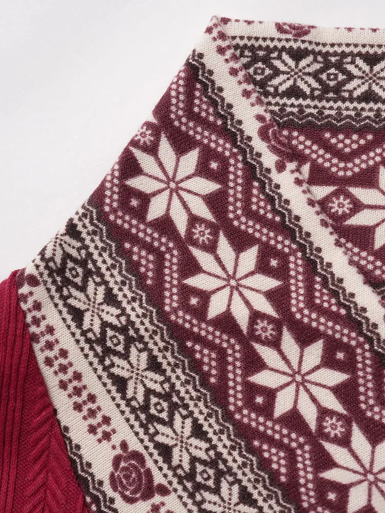 LANFUBEISI Womens Christmas Sweaters Snowflake Tribal Pattern Shawl Neck Knit Top Texture Mock Button Knitted Tops 2024 New