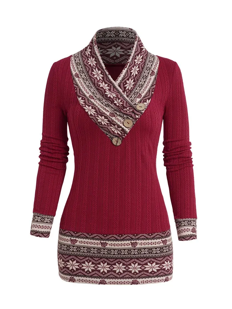 LANFUBEISI Womens Christmas Sweaters Snowflake Tribal Pattern Shawl Neck Knit Top Texture Mock Button Knitted Tops 2024 New