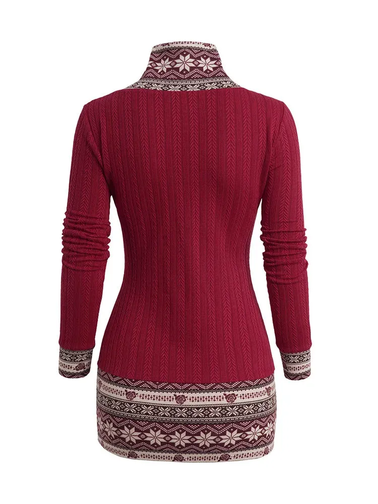 LANFUBEISI Womens Christmas Sweaters Snowflake Tribal Pattern Shawl Neck Knit Top Texture Mock Button Knitted Tops 2024 New