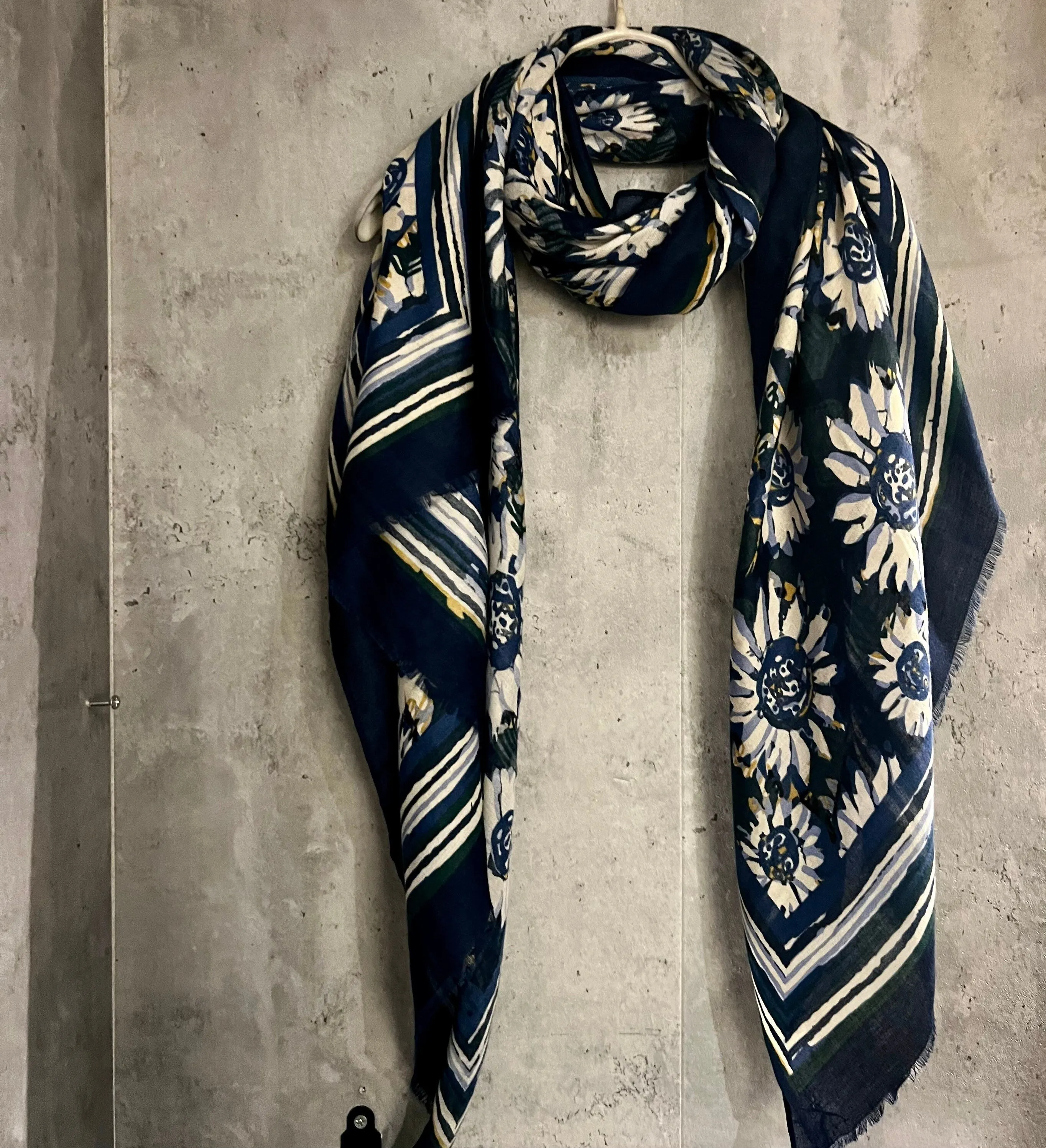 Large White Sunflowers Blue Cotton Scarf/Summer Autumn Winter Scarf/Gifts For Her Birthday Christmas/Printed Scarf/UK Seller