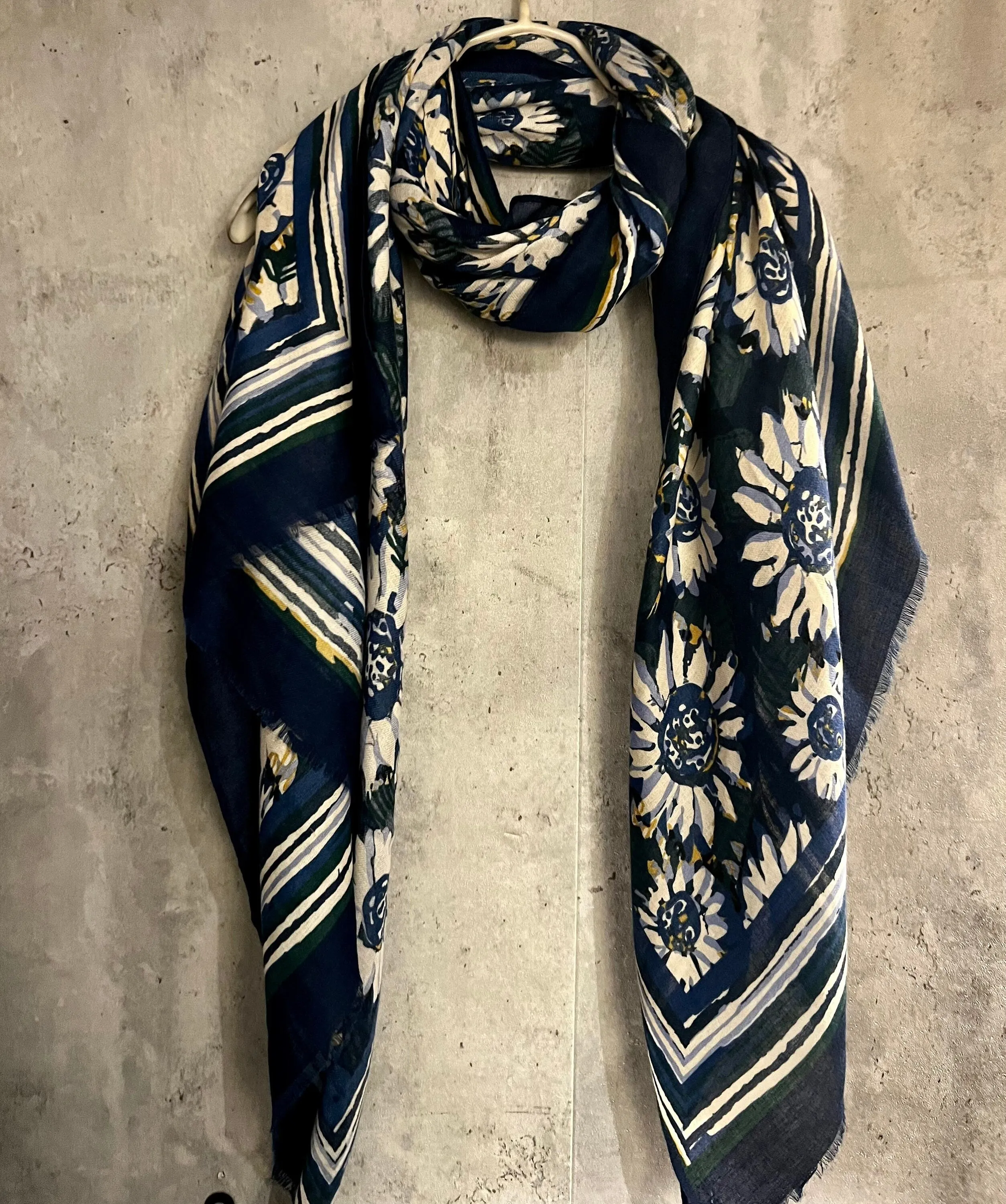 Large White Sunflowers Blue Cotton Scarf/Summer Autumn Winter Scarf/Gifts For Her Birthday Christmas/Printed Scarf/UK Seller