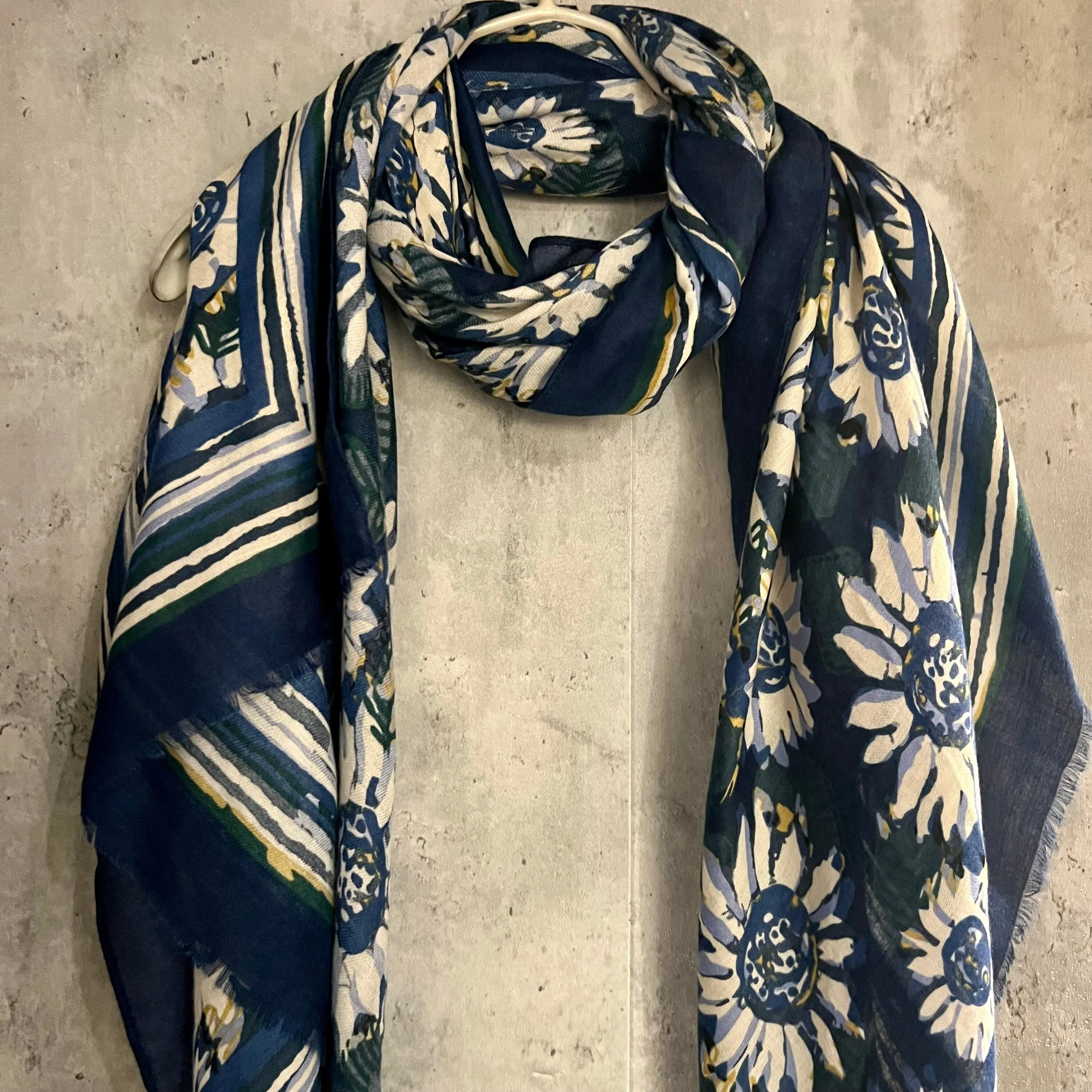 Large White Sunflowers Blue Cotton Scarf/Summer Autumn Winter Scarf/Gifts For Her Birthday Christmas/Printed Scarf/UK Seller