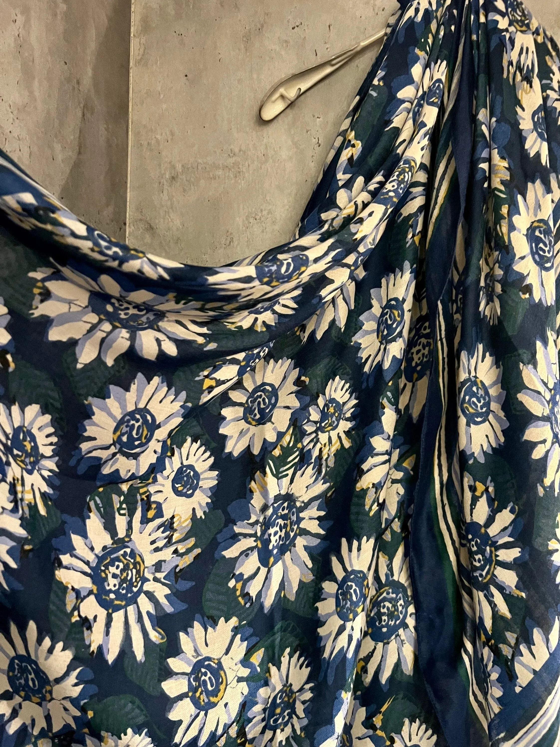 Large White Sunflowers Blue Cotton Scarf/Summer Autumn Winter Scarf/Gifts For Her Birthday Christmas/Printed Scarf/UK Seller