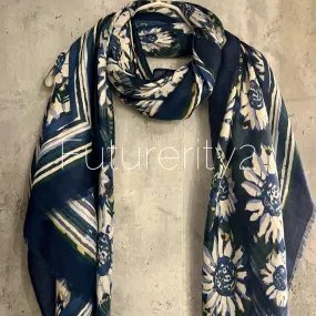 Large White Sunflowers Blue Cotton Scarf/Summer Autumn Winter Scarf/Gifts For Her Birthday Christmas/Printed Scarf/UK Seller
