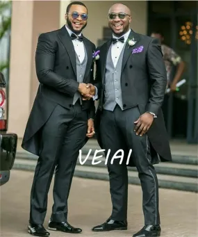 Latest Design Black Tailcoat Style Groom Tuxedos  Satin Lapel