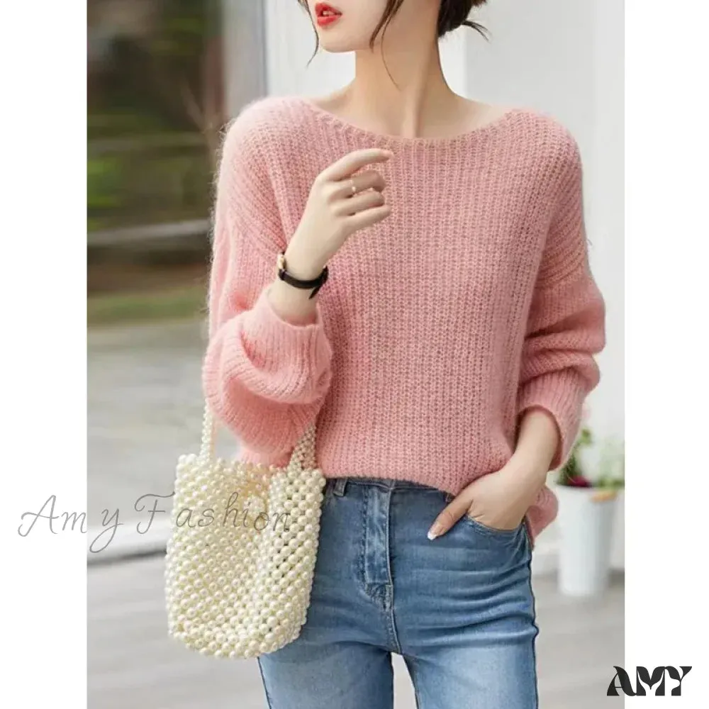 Long Sleeve Knitted Pullover V-Neck Fashion Basic Solid OL Sweater