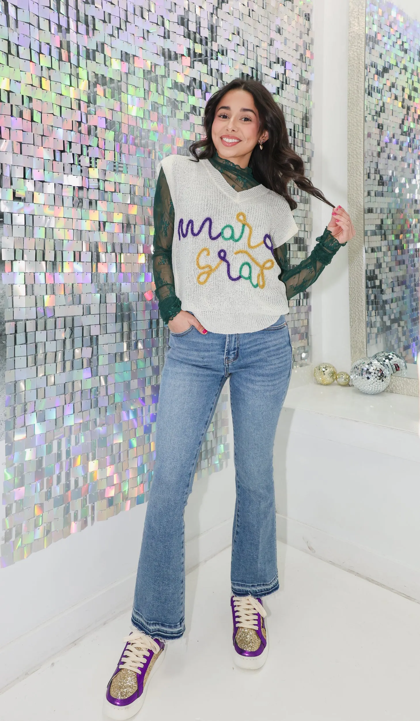 Mardi Gras Sleeveless Sweater Top