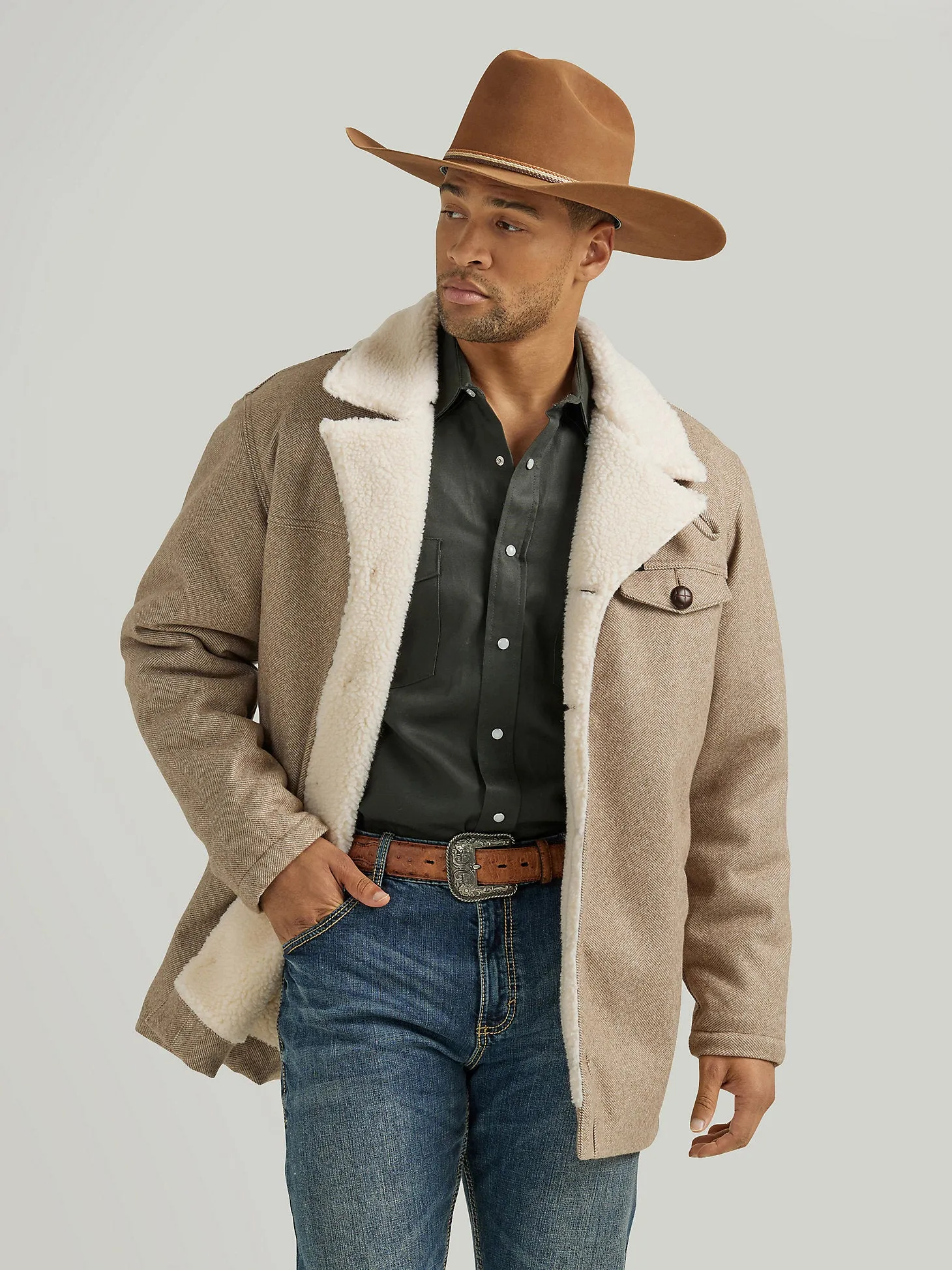 Men's Tweed Sherpa Lined Heavy Jacket - Neutral Brown