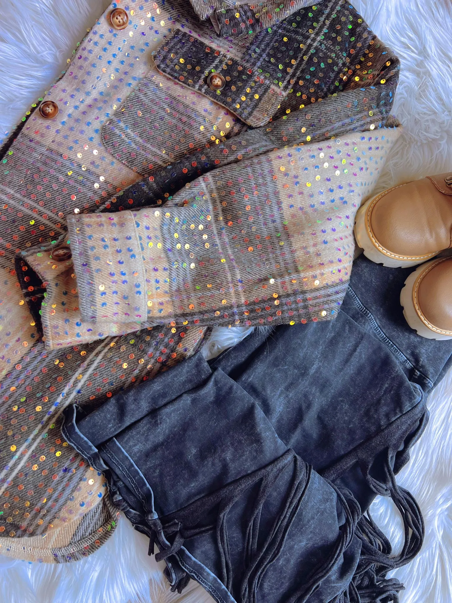 Mika Mocha Sequin Plaid Showstopper Shacket