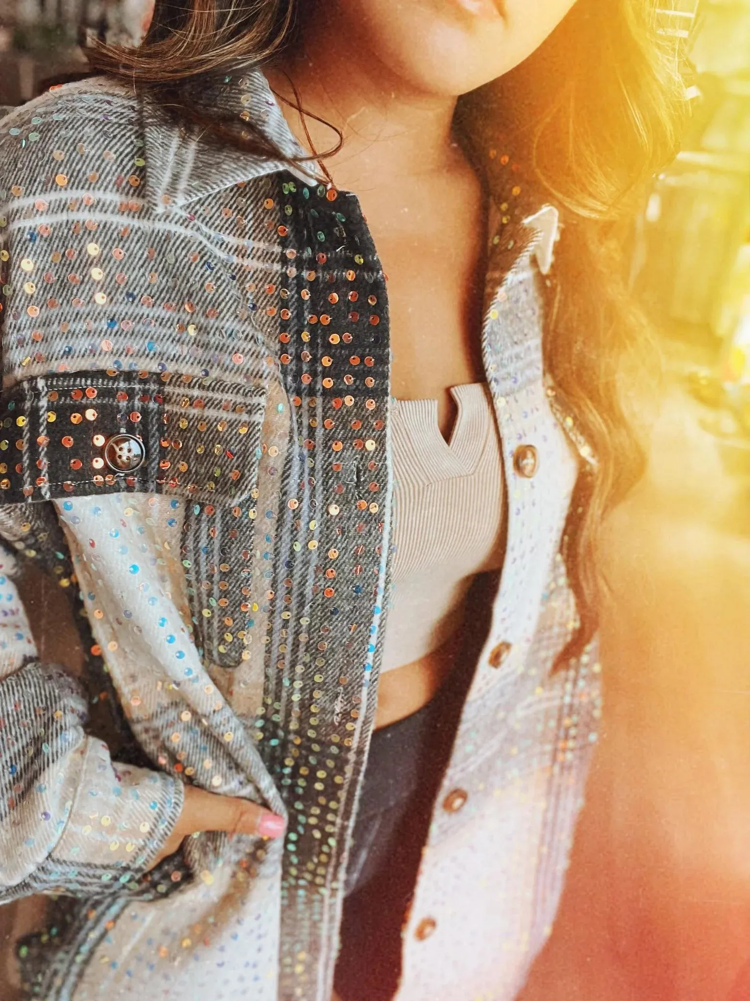 Mika Mocha Sequin Plaid Showstopper Shacket