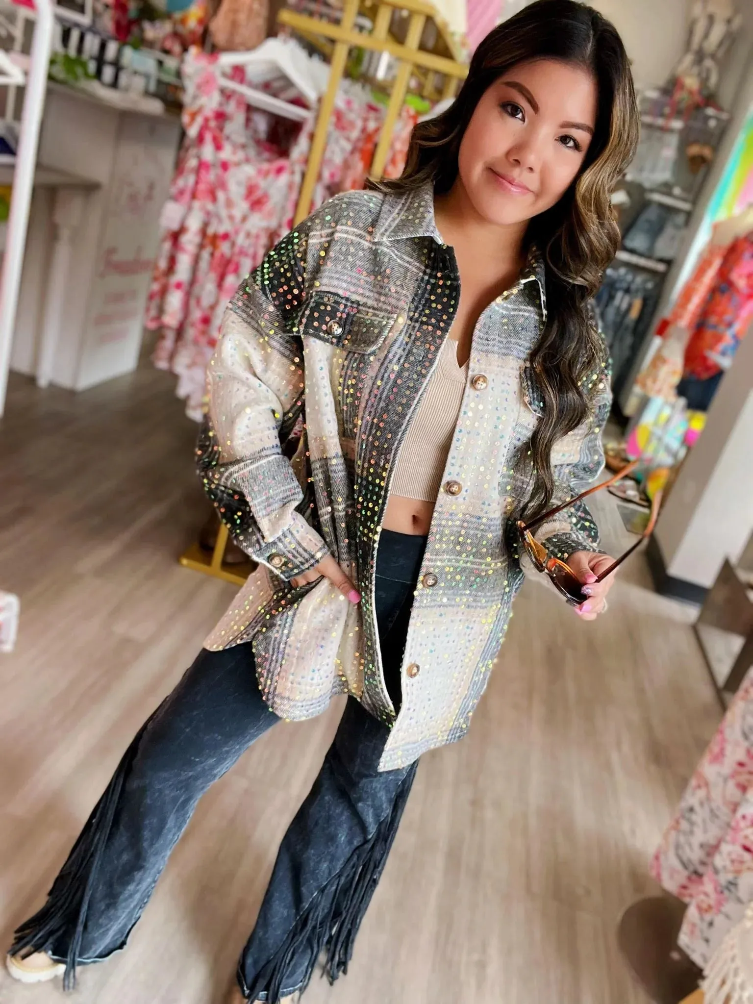 Mika Mocha Sequin Plaid Showstopper Shacket