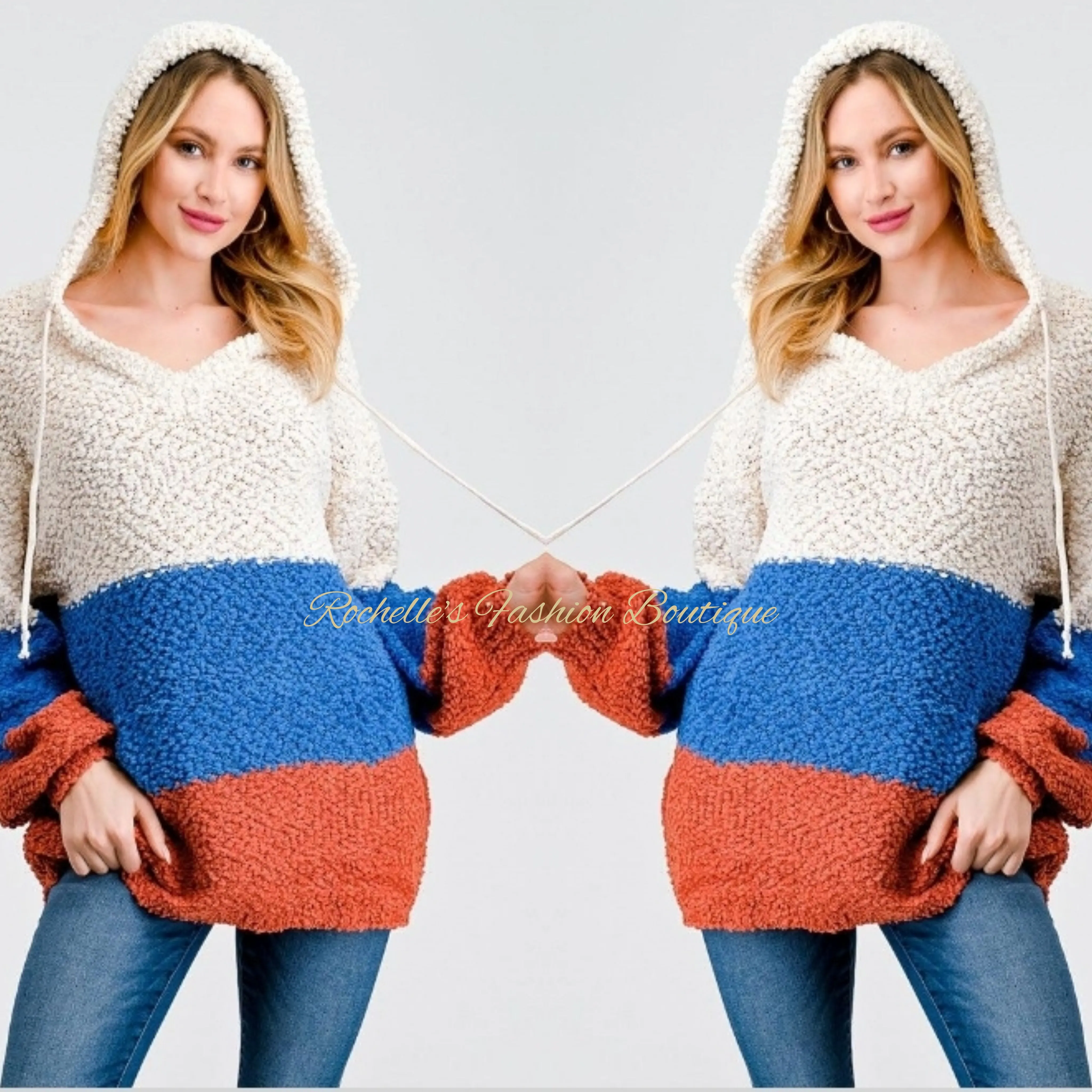 Muliti Blue Color Block Hooded Sweater