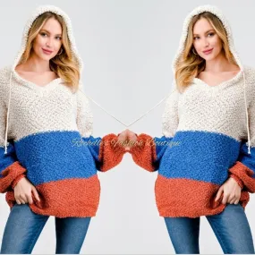 Muliti Blue Color Block Hooded Sweater