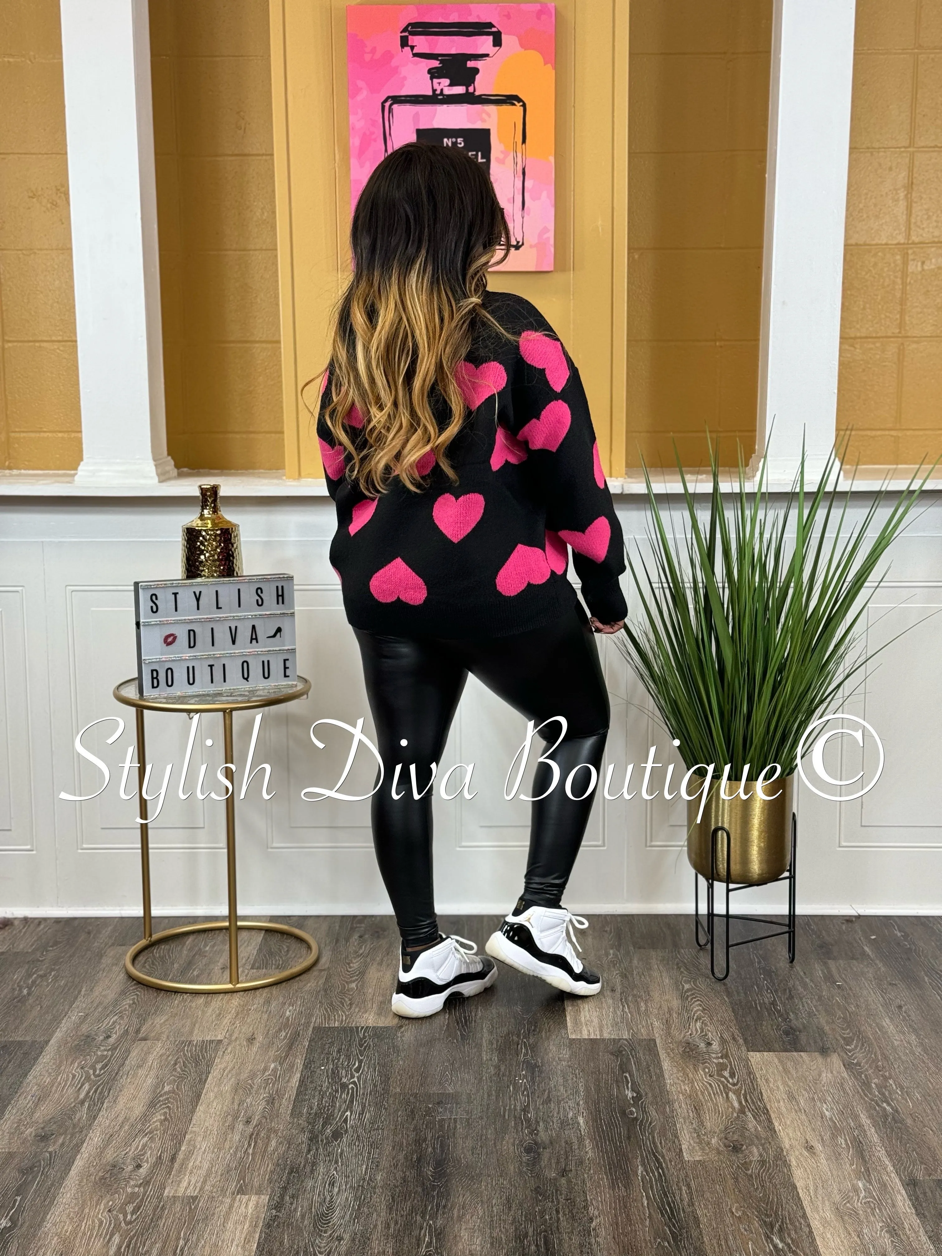 Naomi Heart Print Sweater (Black/Pink)