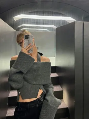 Neck Women Ins Vintage Halter Sweaters Fashion Y2k Aesthetic Knitted Solid Jumpers Sexy Slim Zipper Chic Layered Pullovers