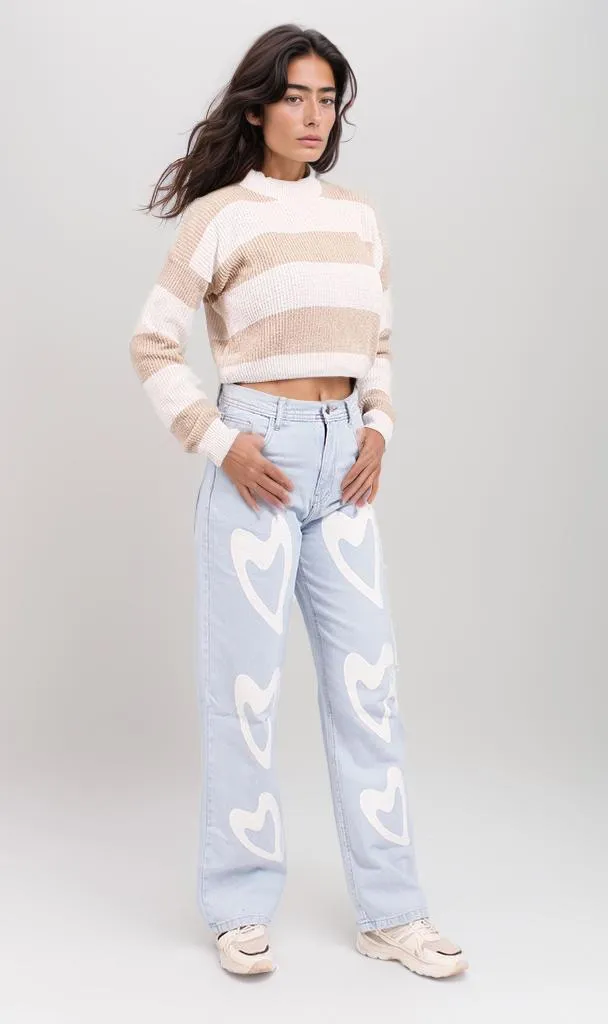 o202783-STRIPED CROP SWEATER - BEIGE & WHITE