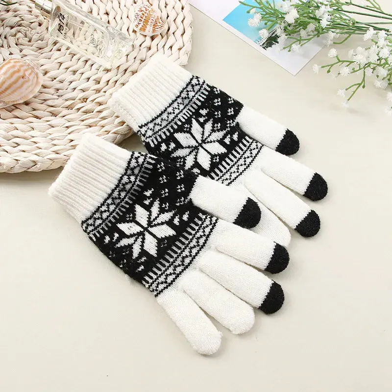 OCW Unisex Touch Screen Knitted Thick Warm Full Finger Snowflake Printed Winter Gloves