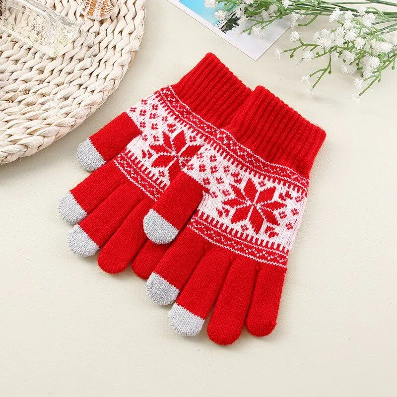OCW Unisex Touch Screen Knitted Thick Warm Full Finger Snowflake Printed Winter Gloves