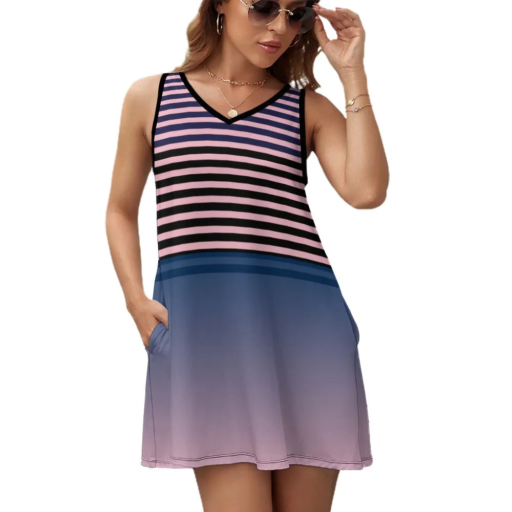 Ombre Striped Ladies Sleeveless Pocket Tank Top Dress
