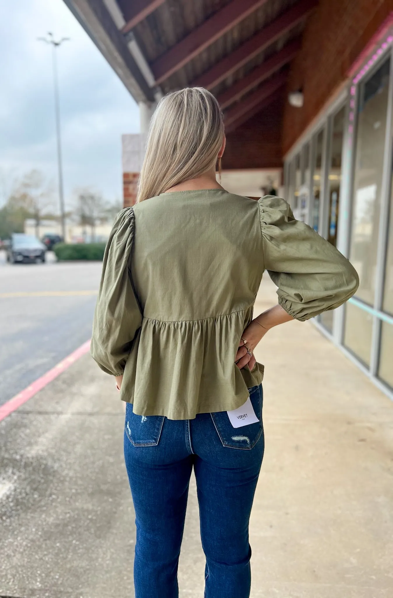 Open Your Mind Light Olive 3/4 Length Sleeve Top with Front Bow Details