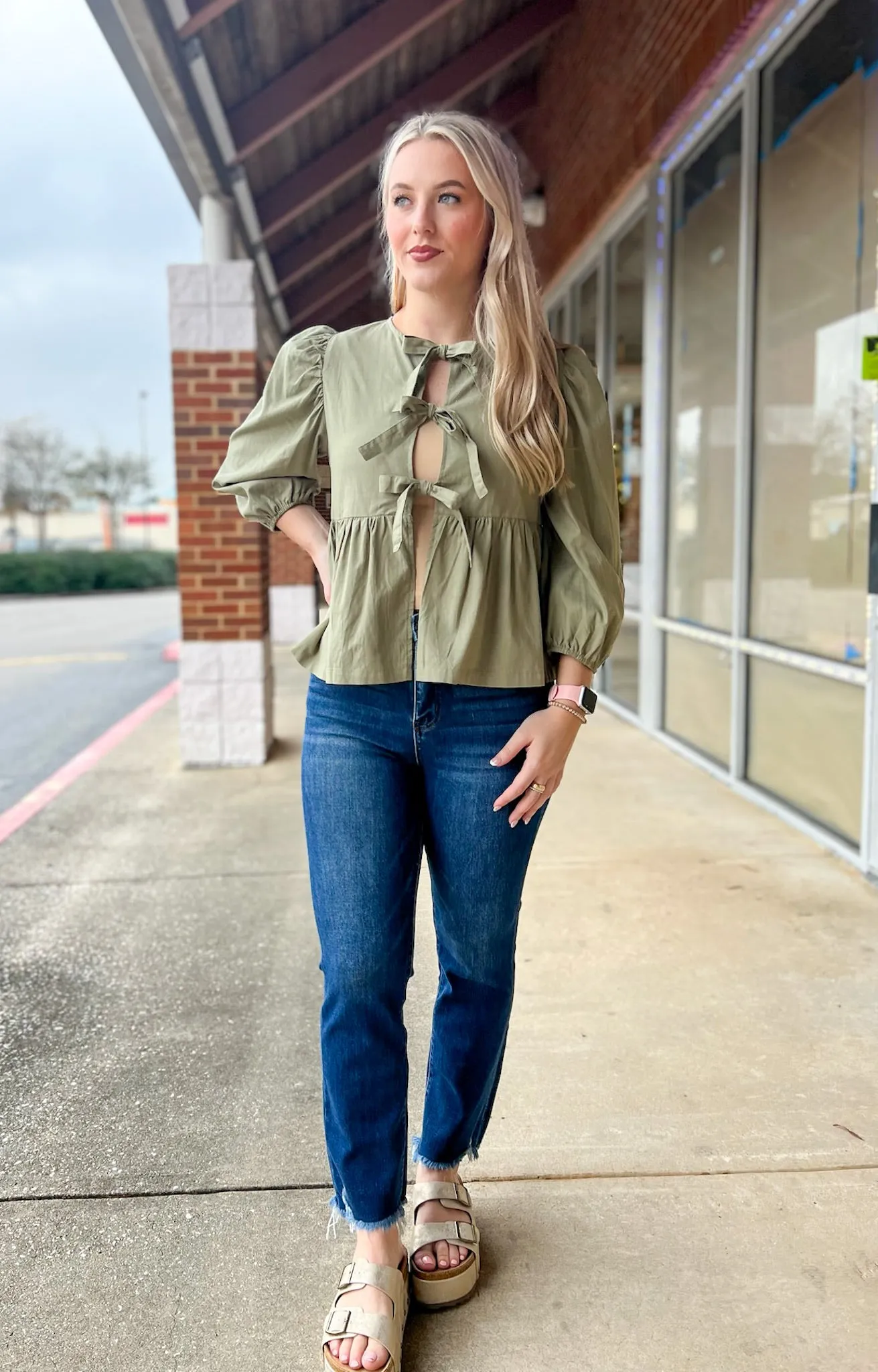 Open Your Mind Light Olive 3/4 Length Sleeve Top with Front Bow Details
