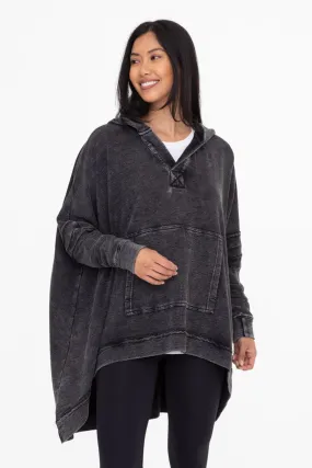 Oversized Cotton Poncho with Hood - Black