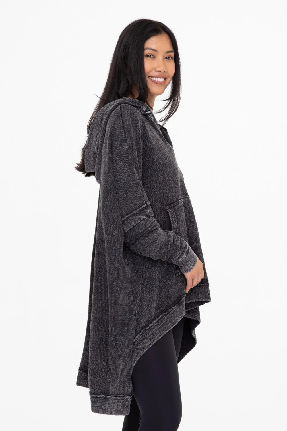 Oversized Cotton Poncho with Hood - Black