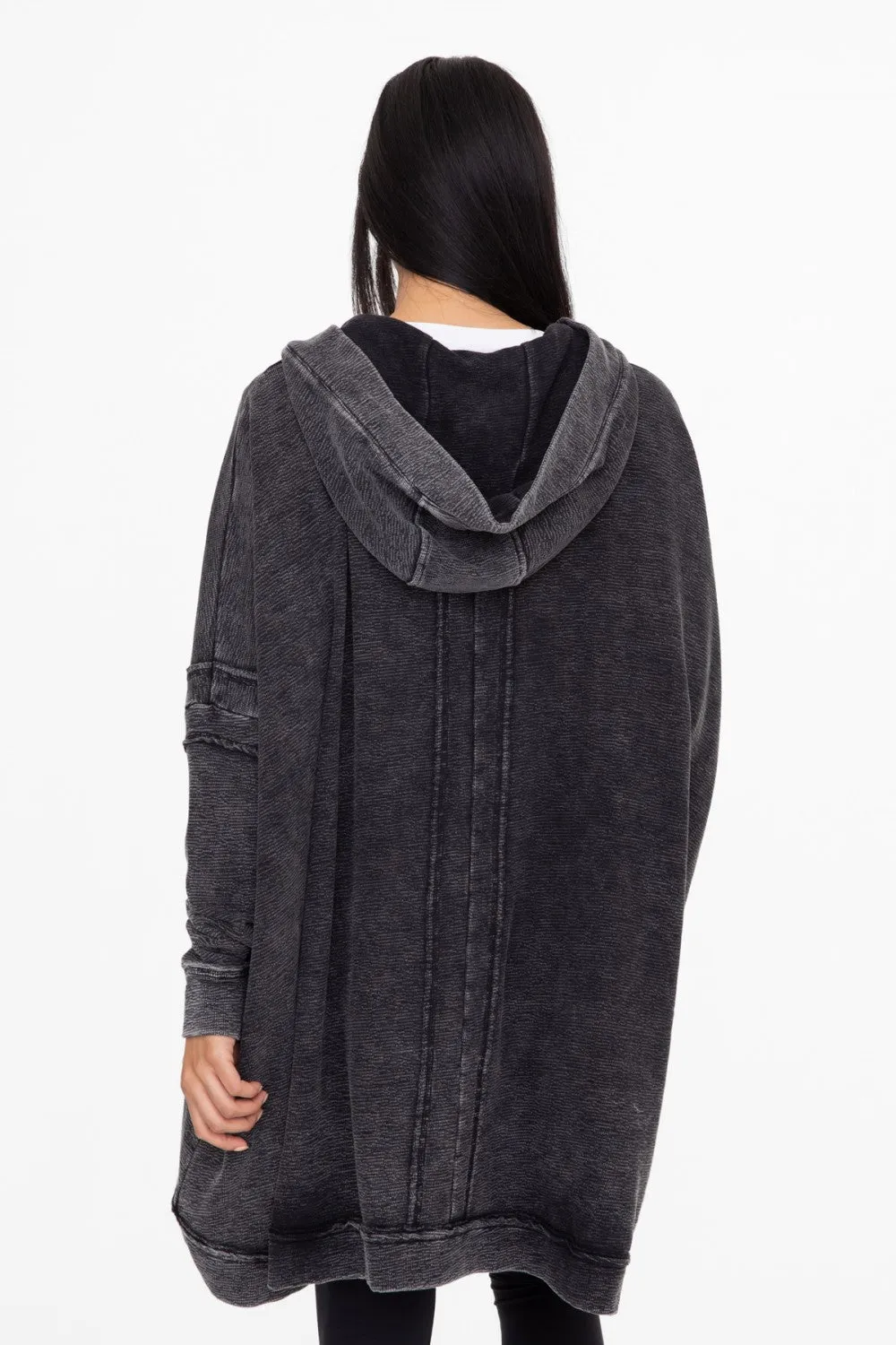 Oversized Cotton Poncho with Hood - Black