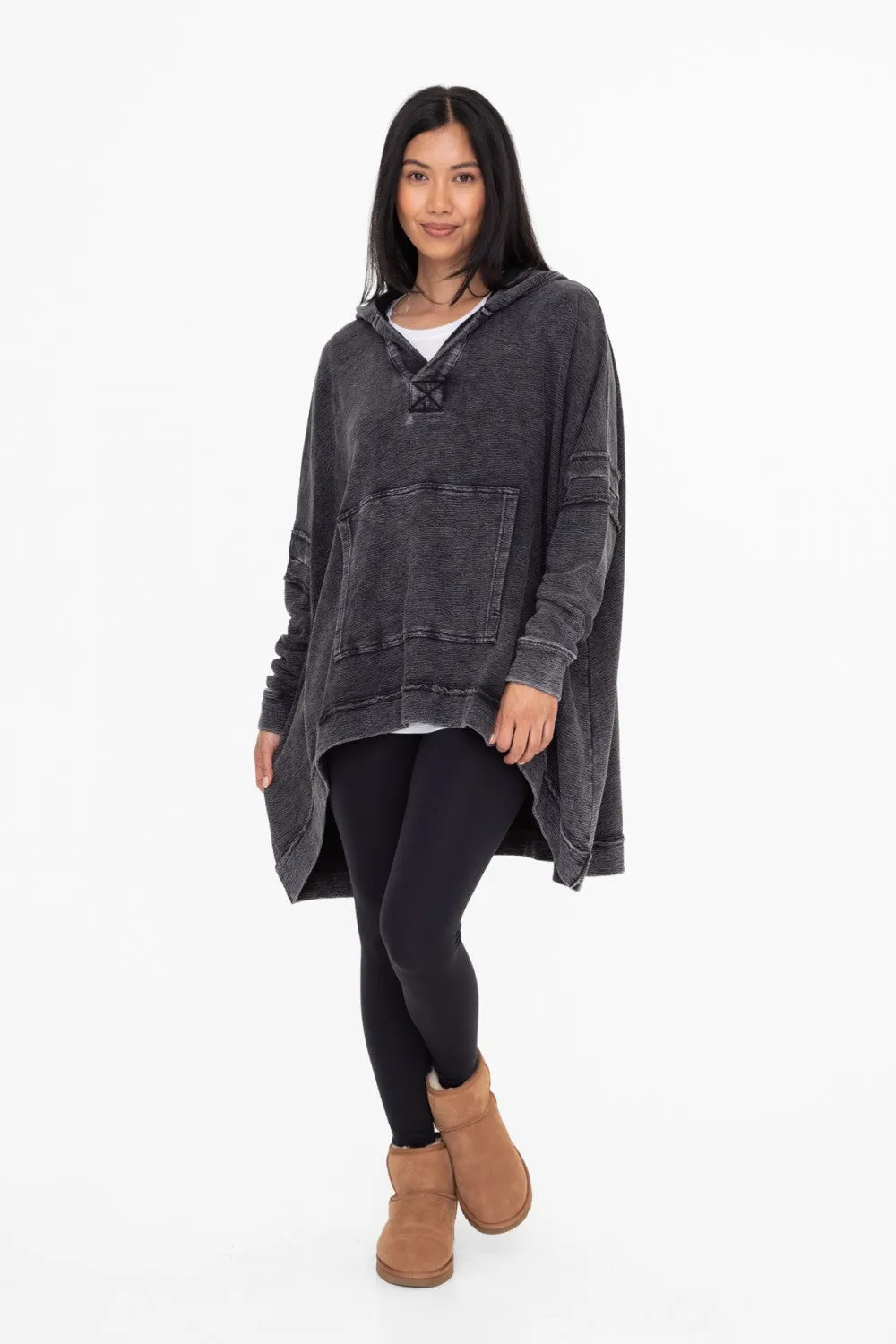 Oversized Cotton Poncho with Hood - Black