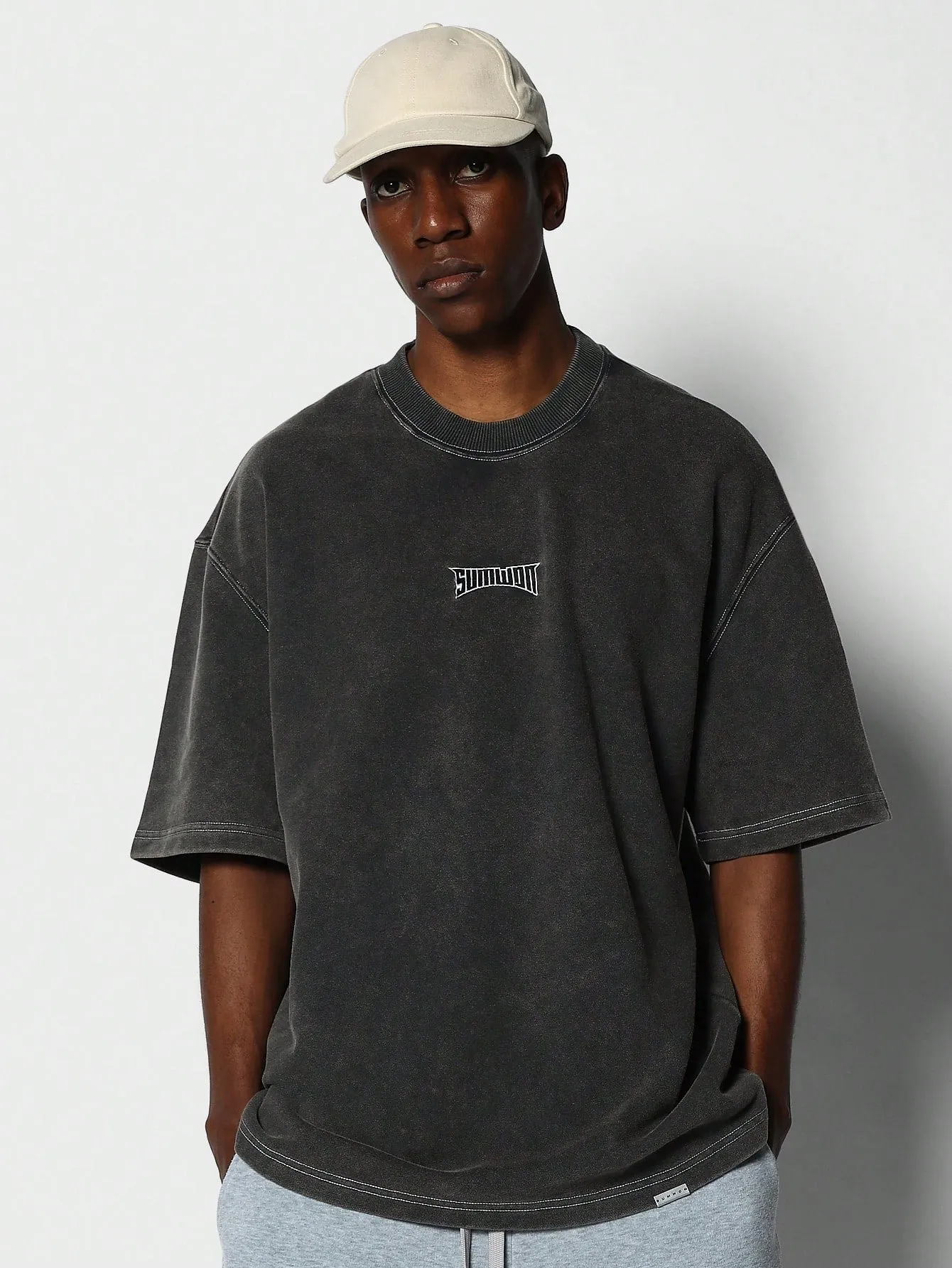 Oversized Fit Washed Tee With Grunge Graphic Print