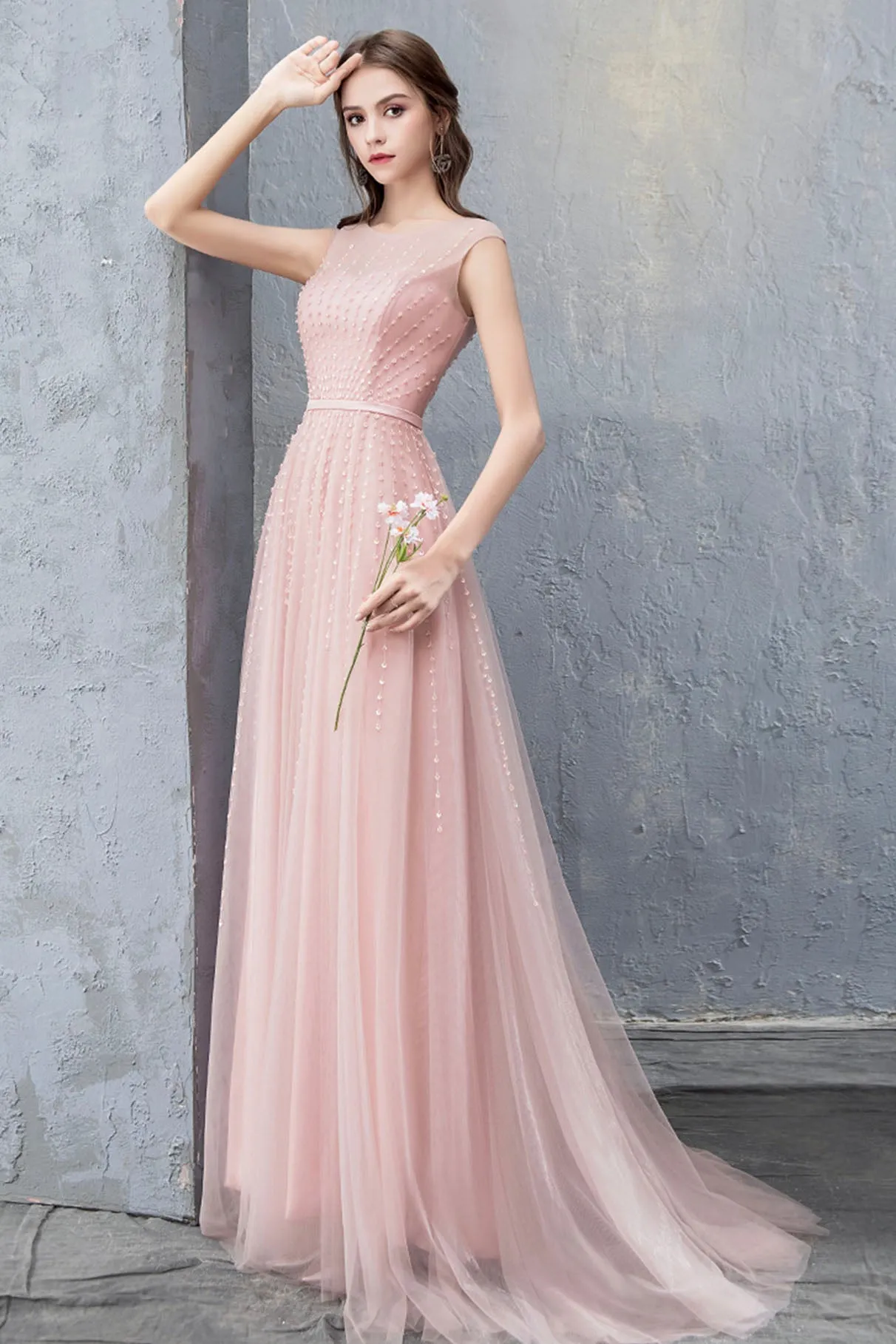 Pink Scoop Tulle Prom Dress with Beaded, Pink Floor Length Party Dress