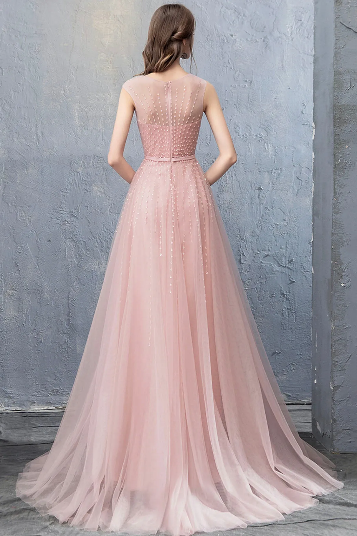 Pink Scoop Tulle Prom Dress with Beaded, Pink Floor Length Party Dress