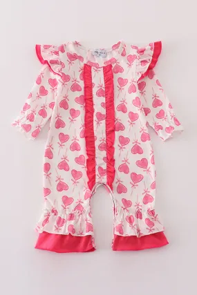 Pink Valentine Heart Print Girl Romper