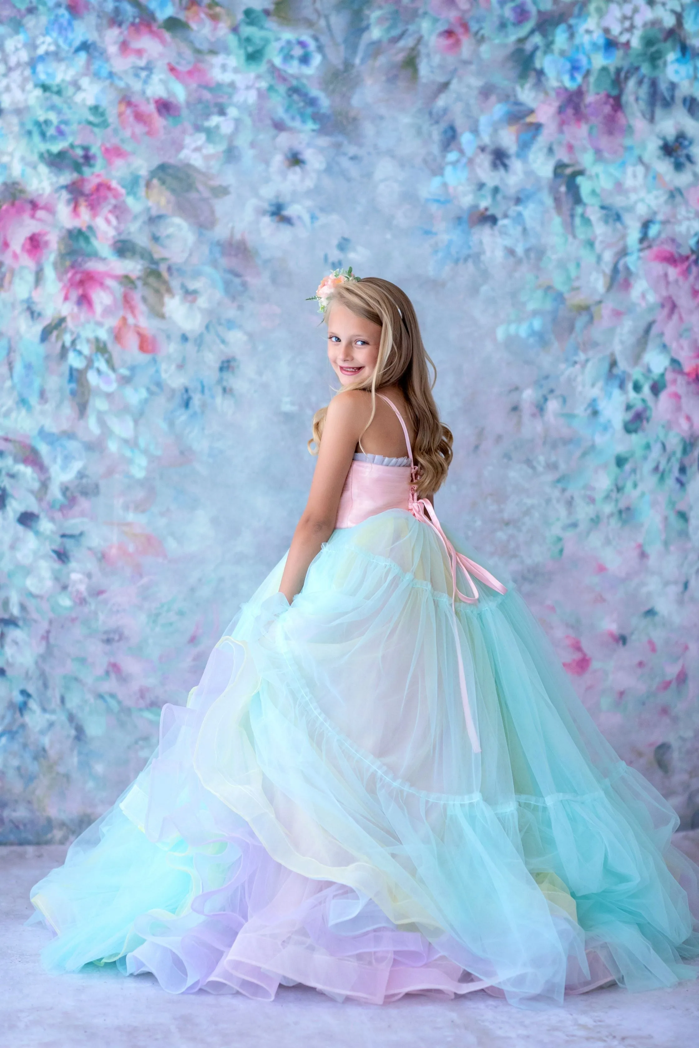 Retired rental euc Sherbet "Rainbow Party" Glitter Ruffle Neckline- Floor Length Dress (6 Year-Petite 8 Year)