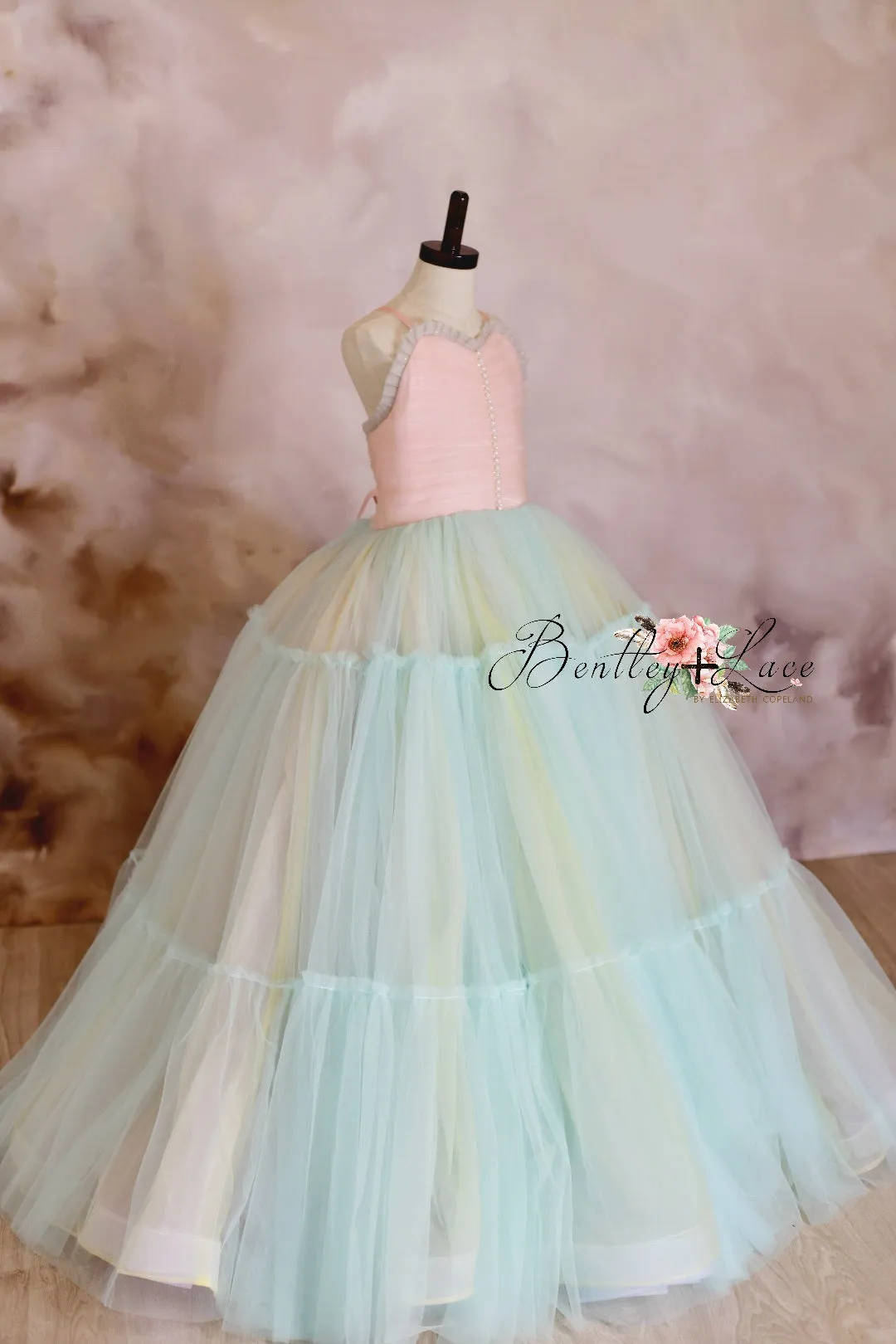 Retired rental euc Sherbet "Rainbow Party" Glitter Ruffle Neckline- Floor Length Dress (6 Year-Petite 8 Year)