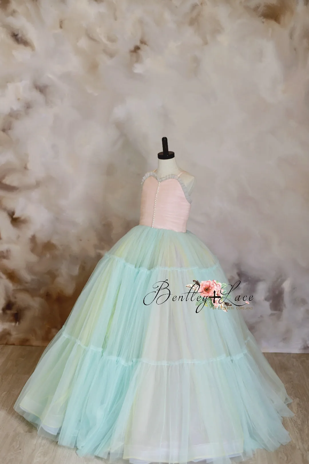 Retired rental euc Sherbet "Rainbow Party" Glitter Ruffle Neckline- Floor Length Dress (6 Year-Petite 8 Year)