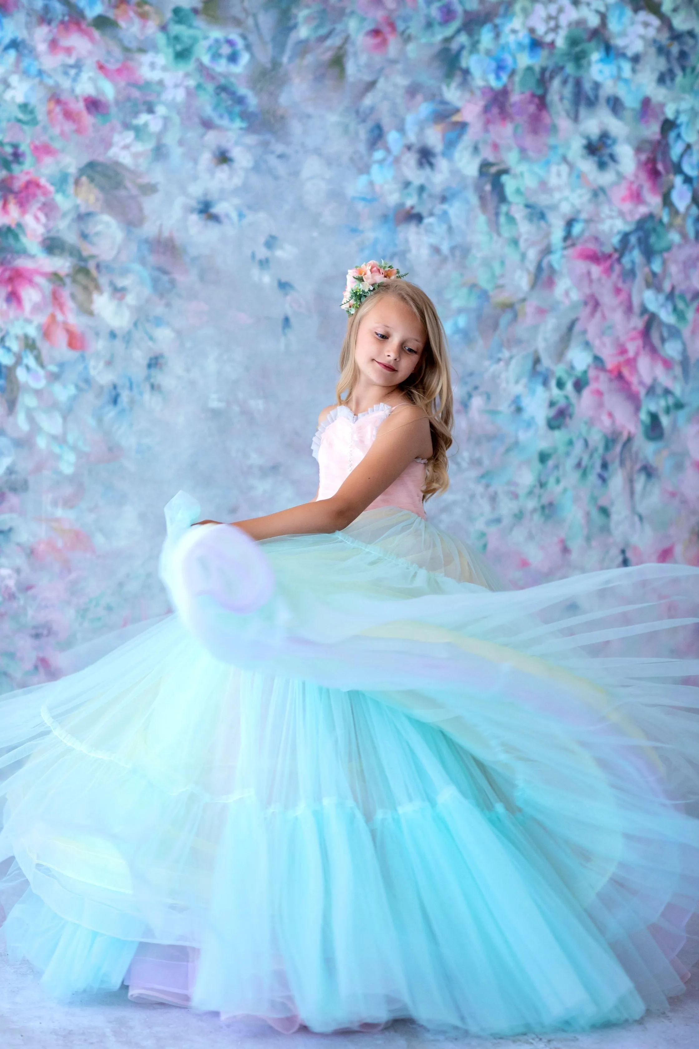 Retired rental euc Sherbet "Rainbow Party" Glitter Ruffle Neckline- Floor Length Dress (6 Year-Petite 8 Year)