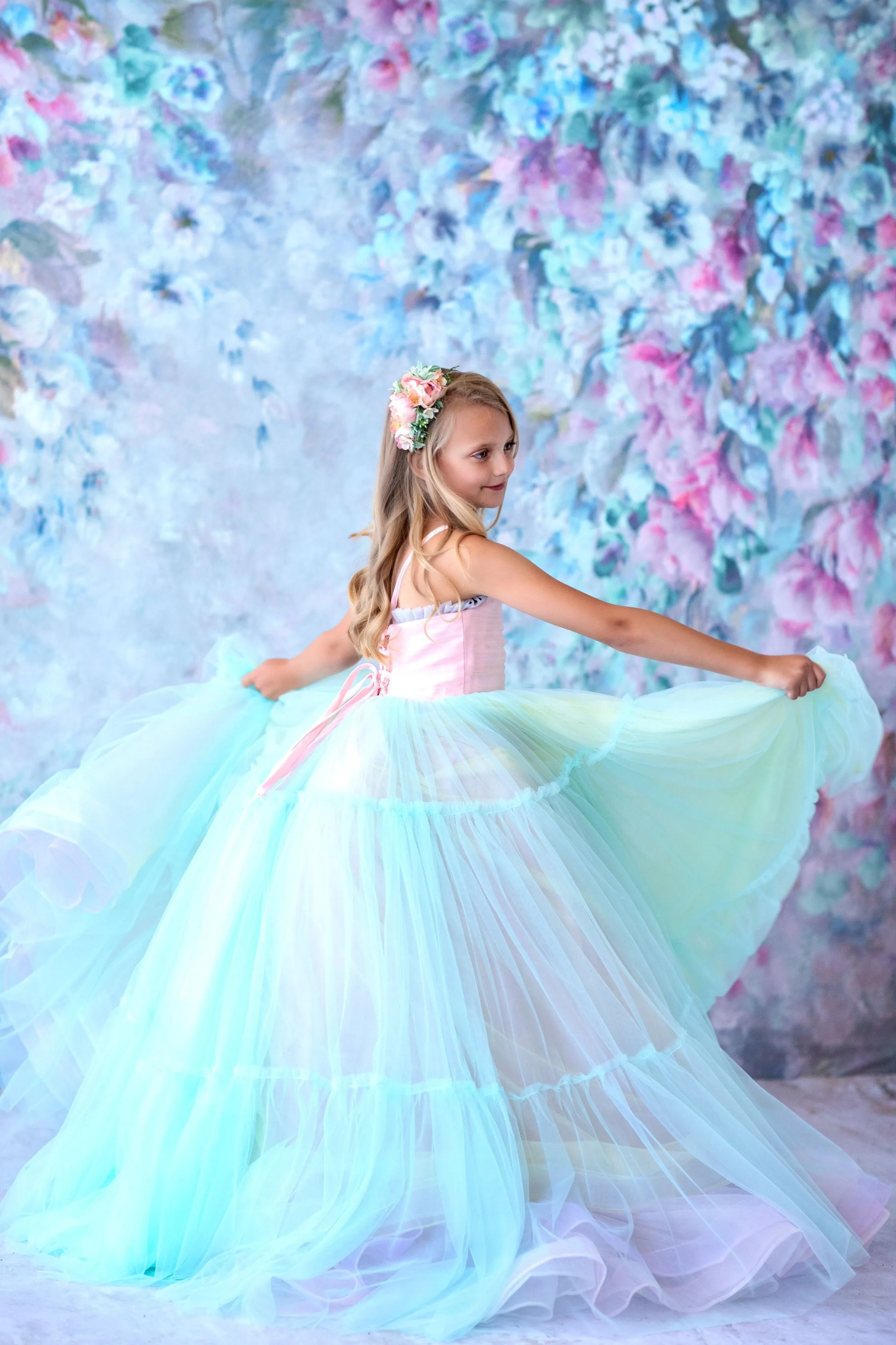 Retired rental euc Sherbet "Rainbow Party" Glitter Ruffle Neckline- Floor Length Dress (6 Year-Petite 8 Year)
