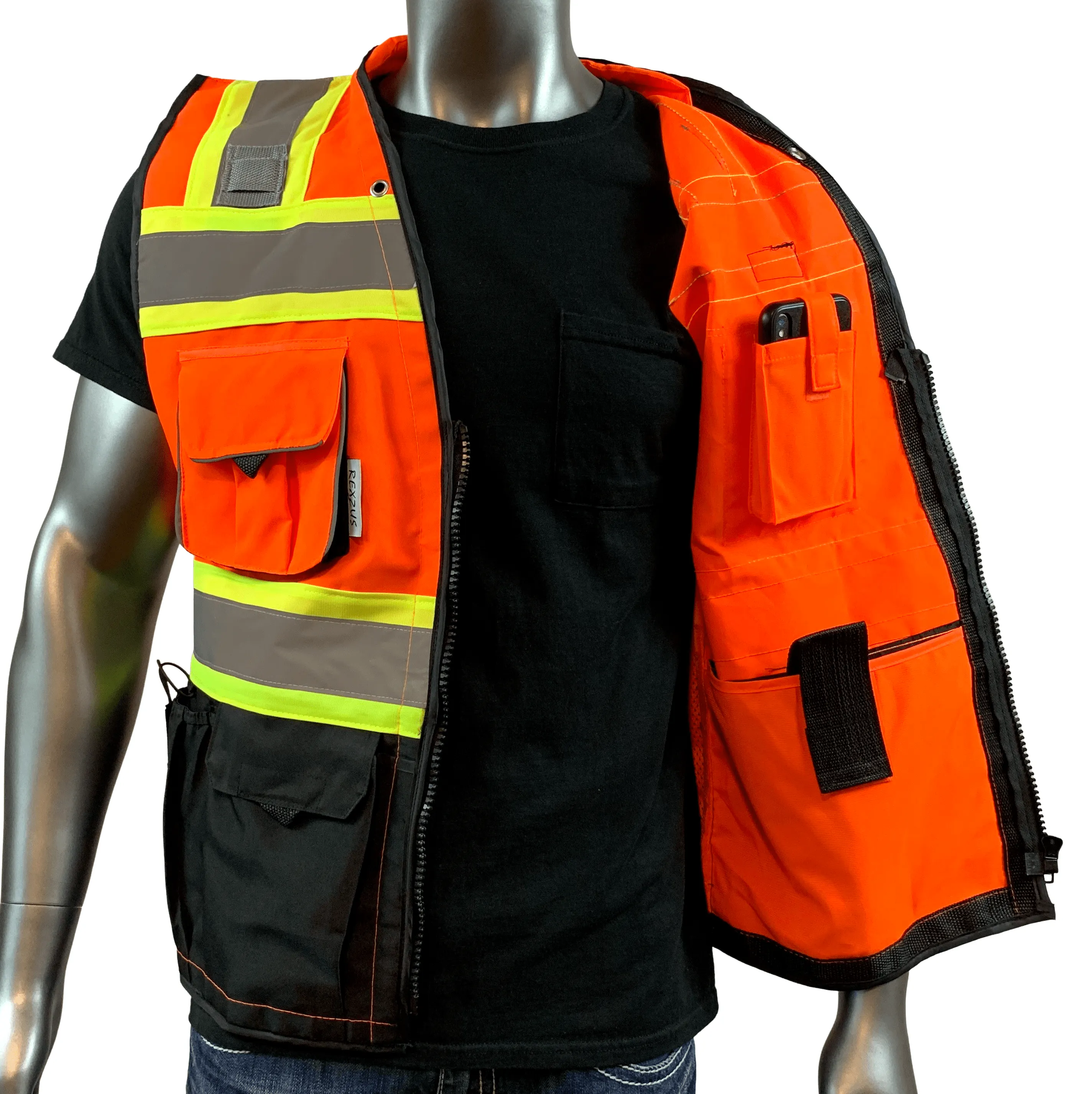 REXZUS C Vest For Mens  Black Series Serveyors Utility Pockets Safety Vests Premium Black Series Serveyors Vest