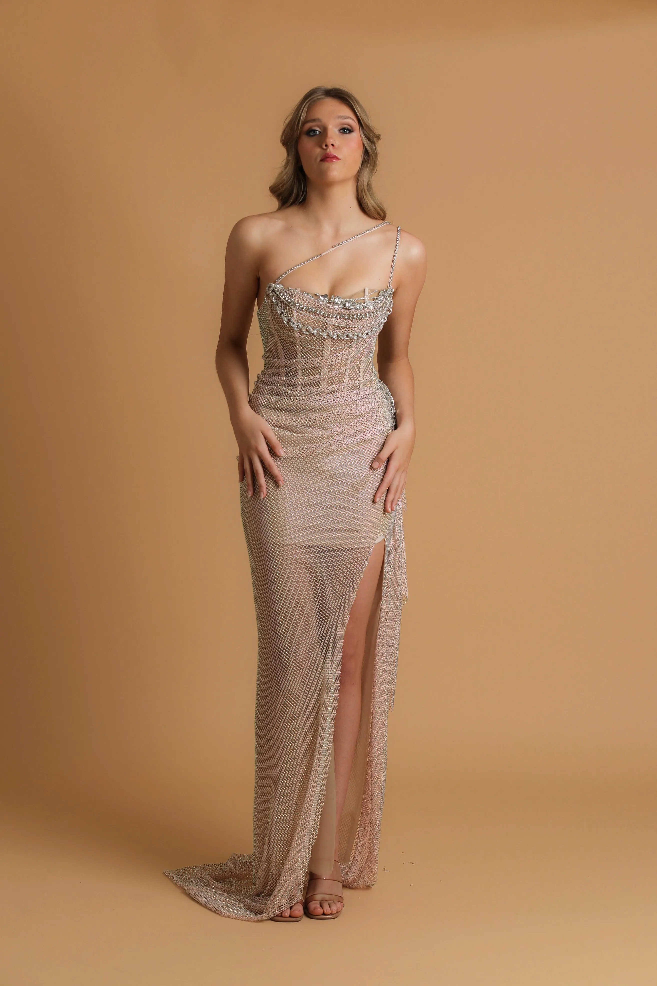 Rose pink crystal mesh straight neck with lace up back dress for hire