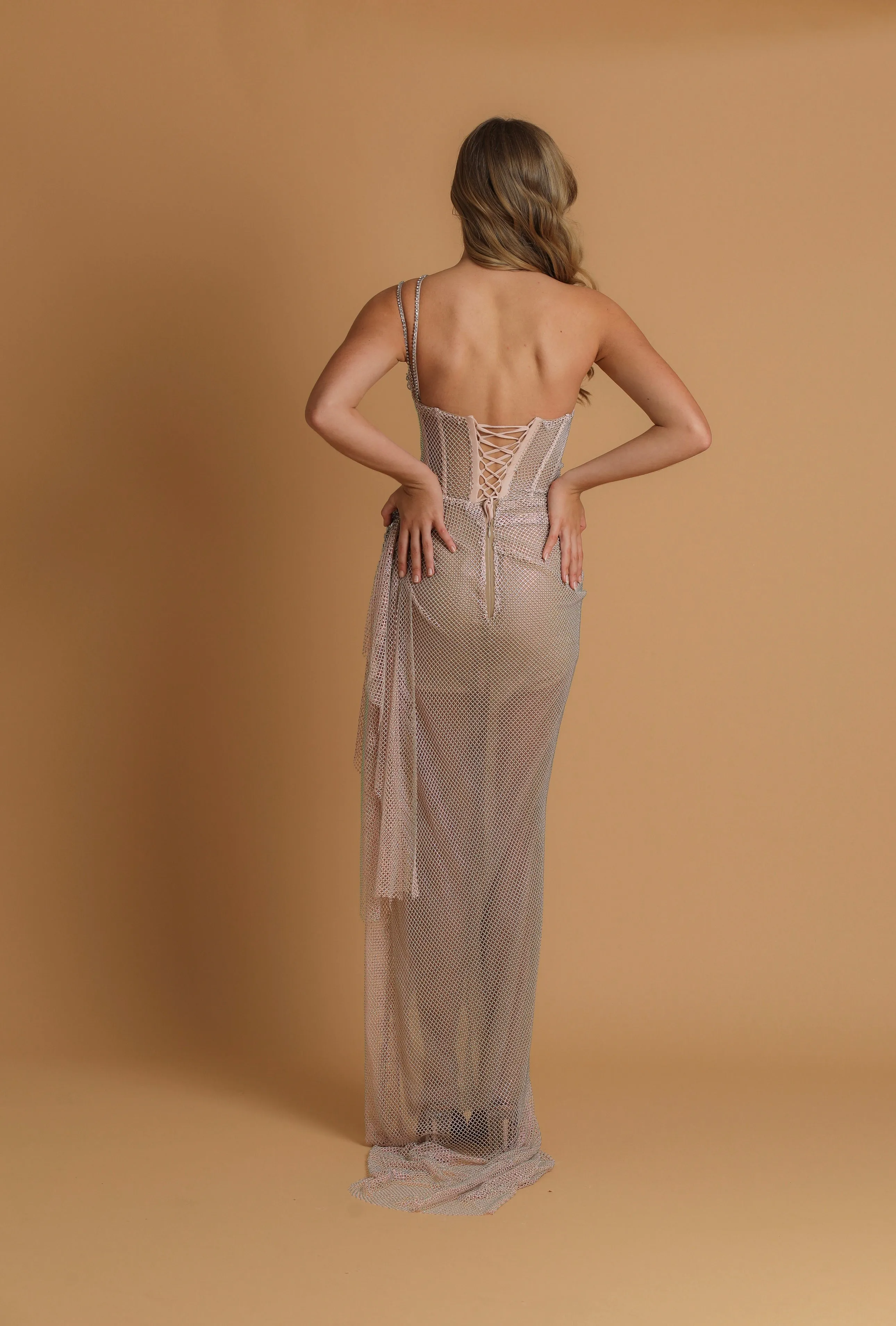 Rose pink crystal mesh straight neck with lace up back dress for hire