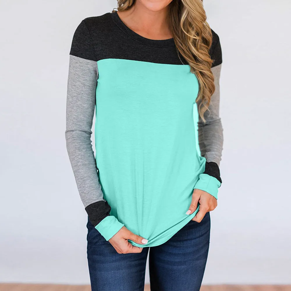 Round neck stitching long sleeve contrast T-shirt