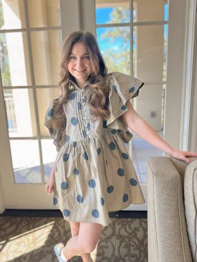 Ruffle Sleeve Pintuck Detail Polka Dot Mini Dress