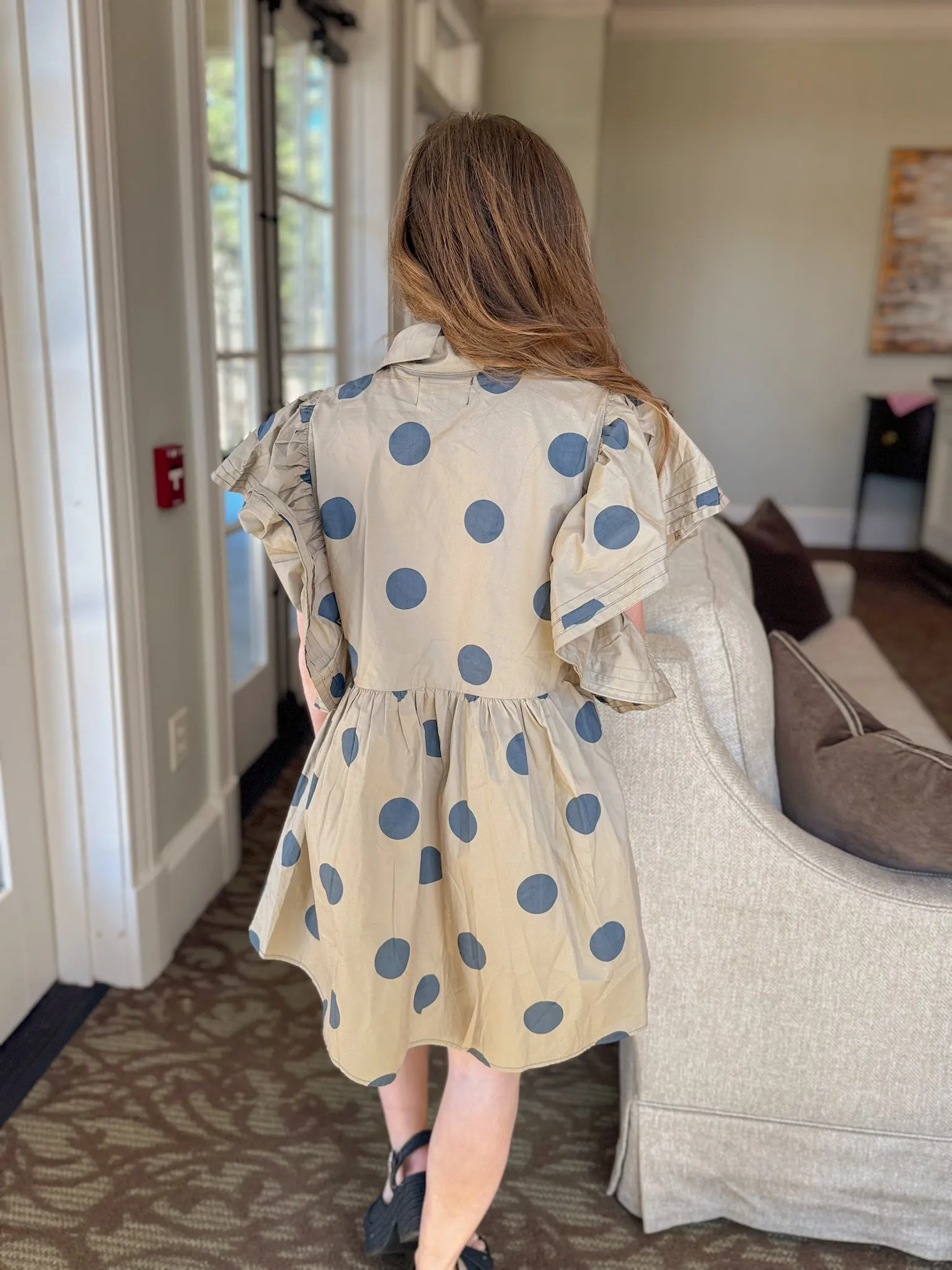Ruffle Sleeve Pintuck Detail Polka Dot Mini Dress