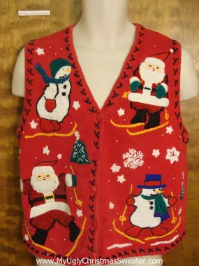 Santa Skiing with Snowmen Funny Christmas Sweater Vest