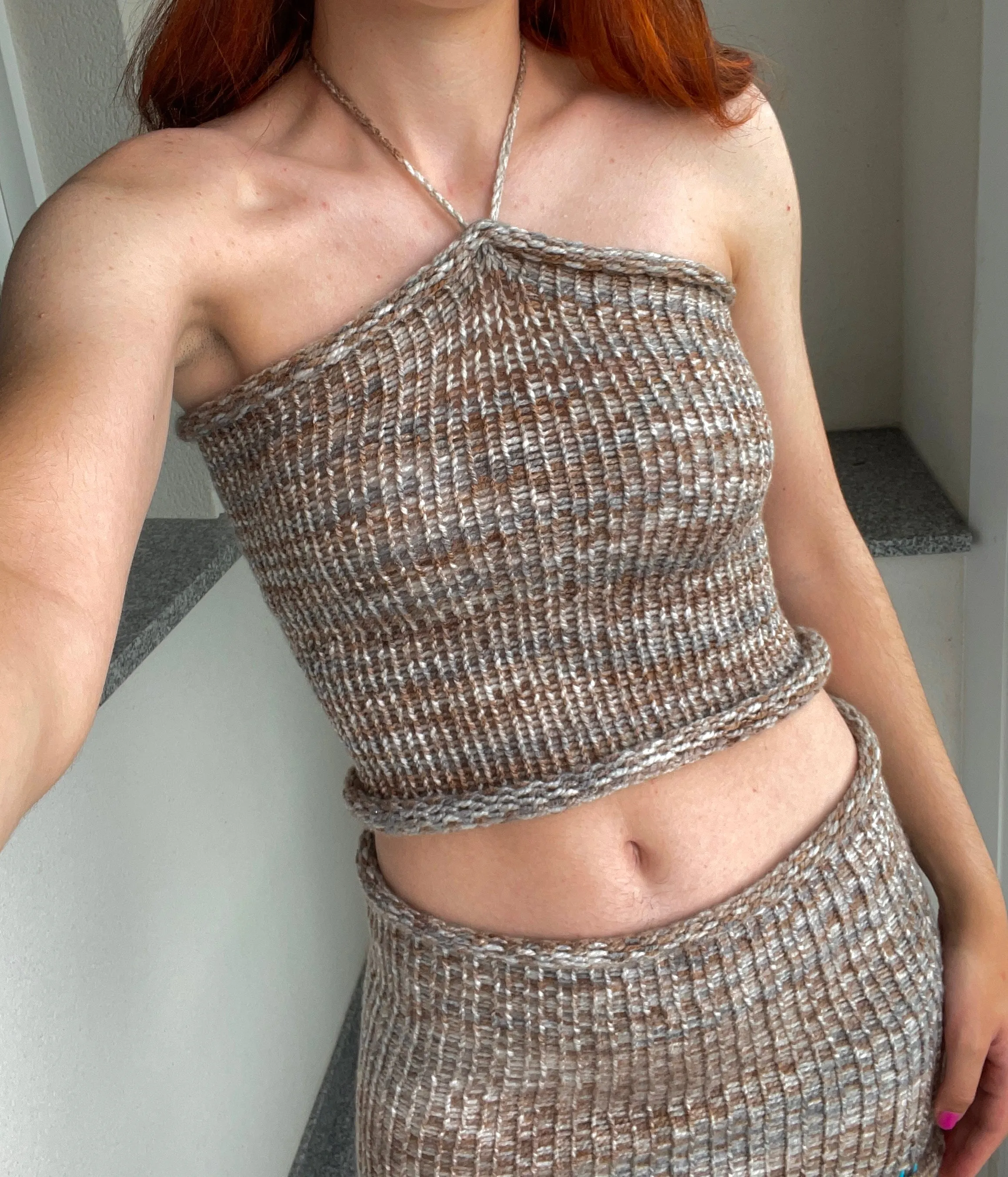 SET: handmade knitted halter top and skirt in light brown, beige and cream