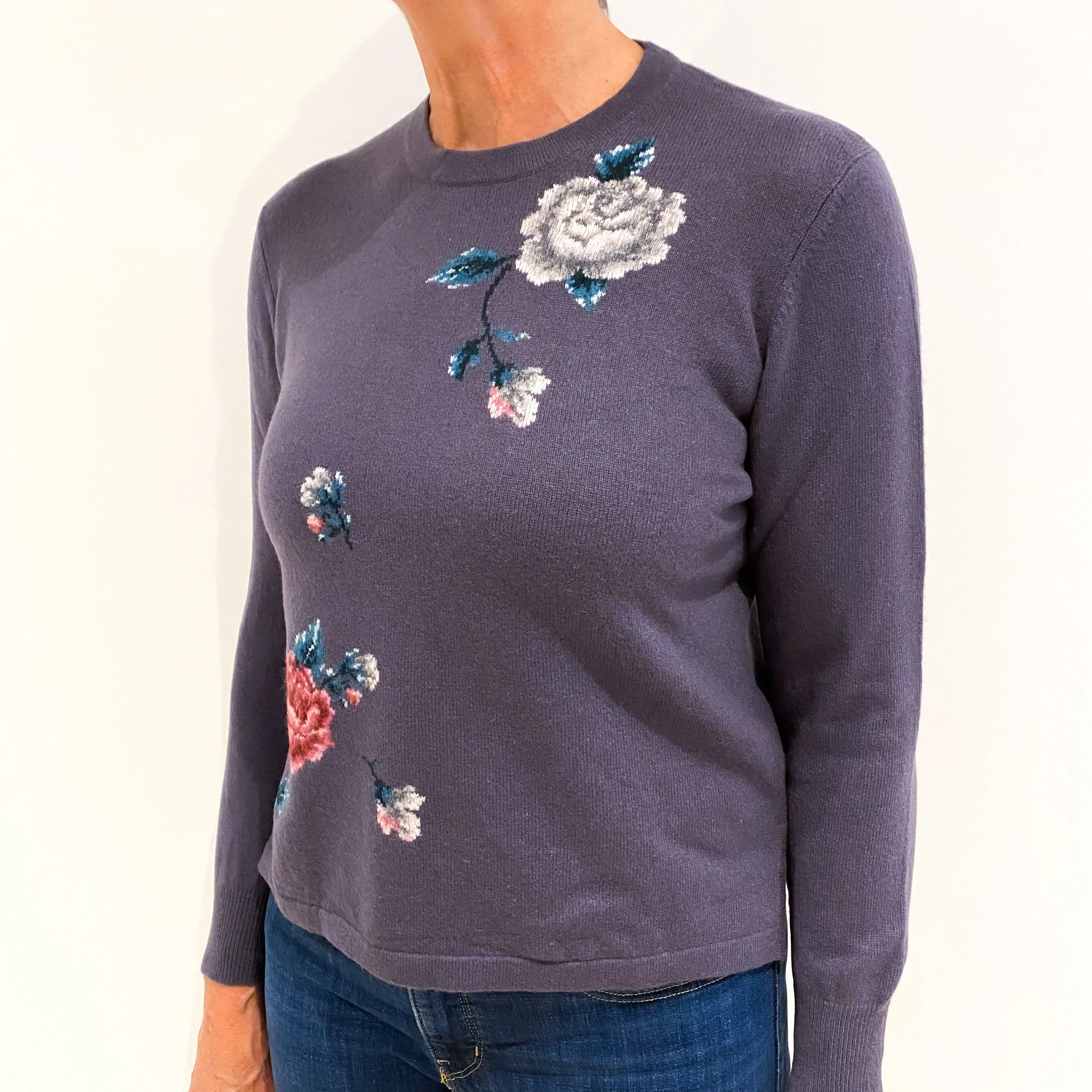 Slate Purple Floral Cashmere Crew Neck Jumper Medium