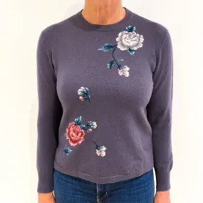 Slate Purple Floral Cashmere Crew Neck Jumper Medium